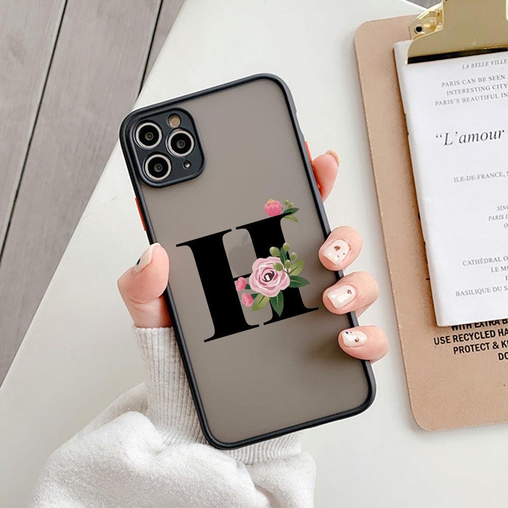 Coque de téléphone à lettre initiale noire pour iPhone, protection d'appareil photo, coque de téléphone transparente avec lettres artistiques pour iPhone 13 12, coque souple en silicone