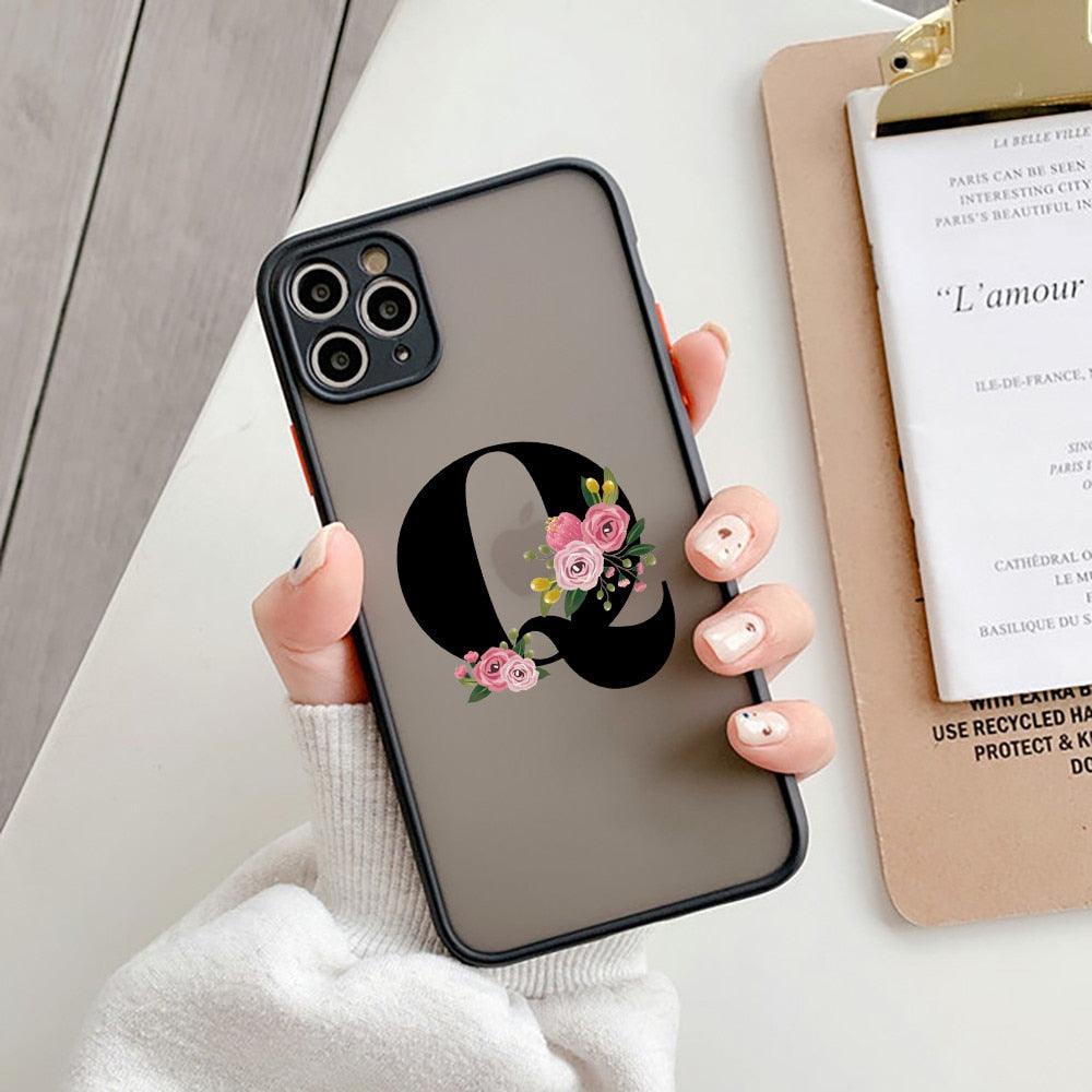 Coque de téléphone à lettre initiale noire pour iPhone, protection d'appareil photo, coque de téléphone transparente avec lettres artistiques pour iPhone 13 12, coque souple en silicone
