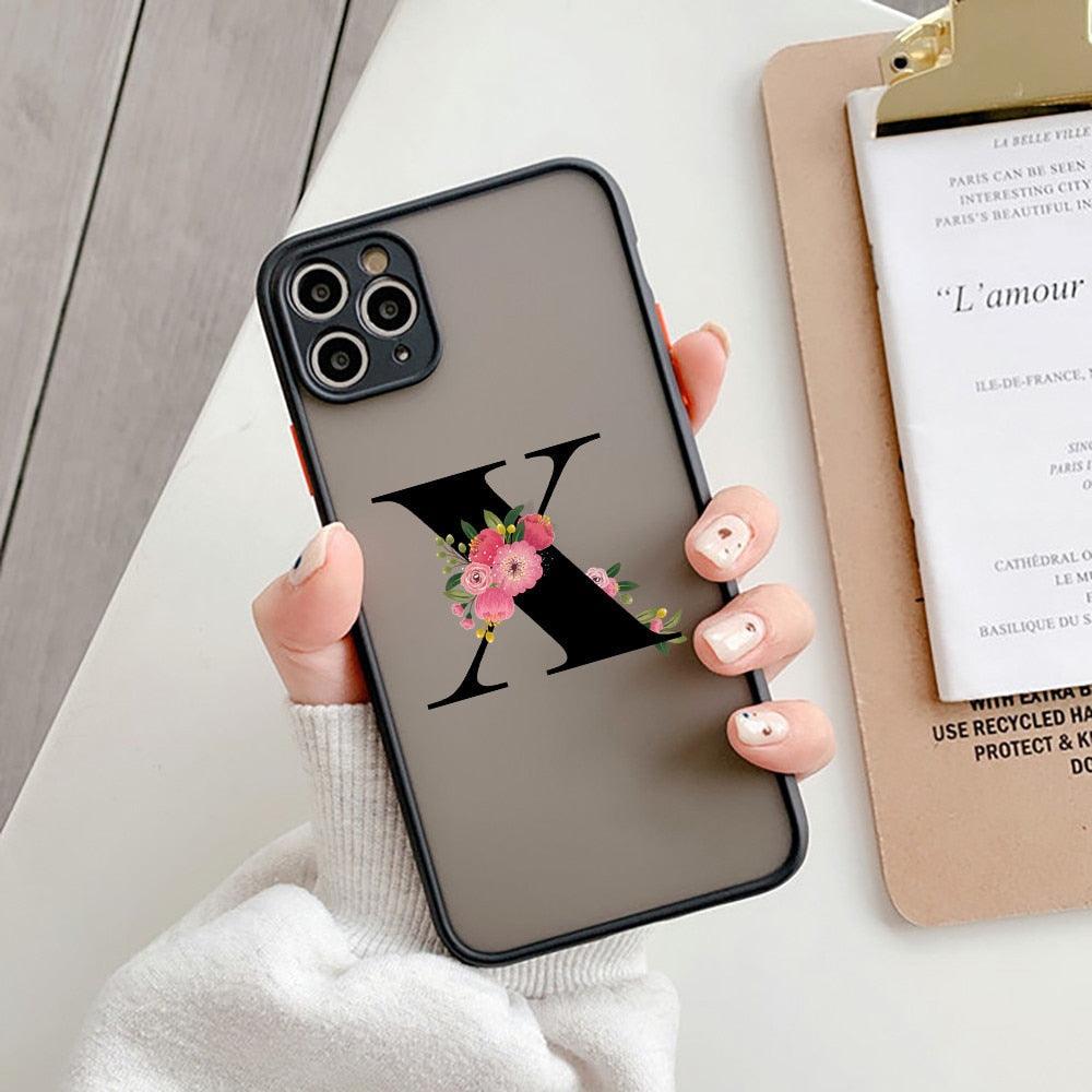 Coque de téléphone à lettre initiale noire pour iPhone, protection d'appareil photo, coque de téléphone transparente avec lettres artistiques pour iPhone 13 12, coque souple en silicone