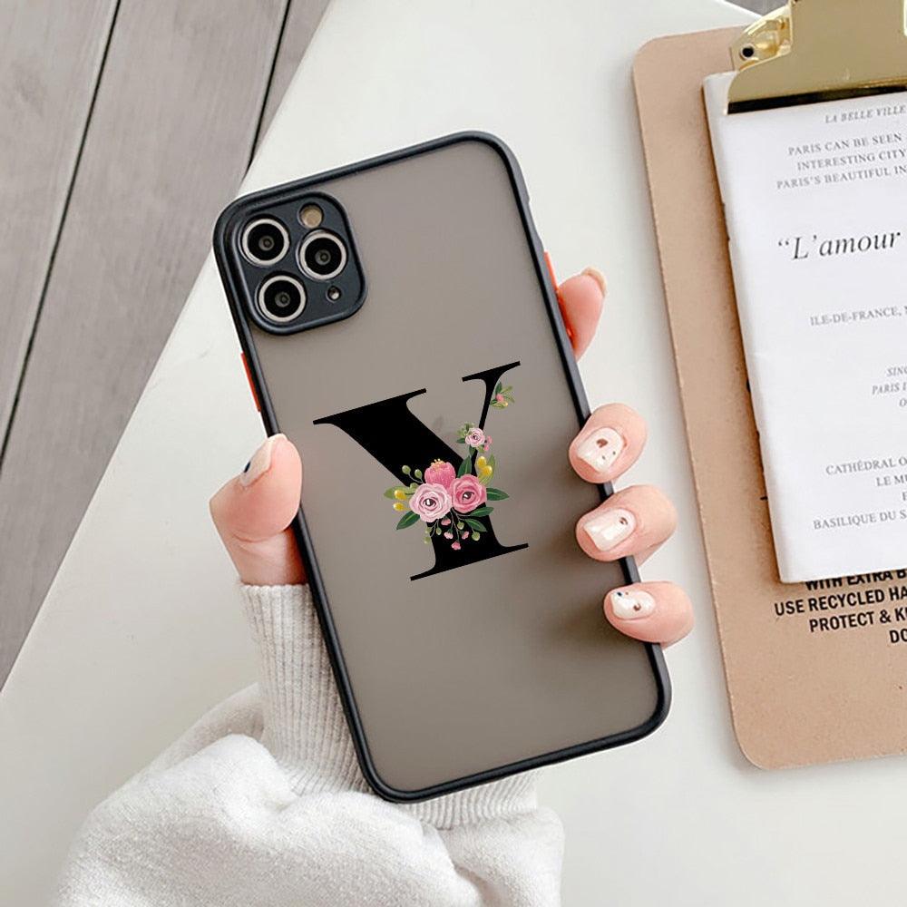 Coque de téléphone à lettre initiale noire pour iPhone, protection d'appareil photo, coque de téléphone transparente avec lettres artistiques pour iPhone 13 12, coque souple en silicone
