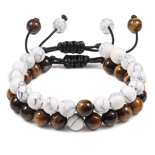 Bracelet perles œil de tigre et pierre de lave noire avec pendentif couronne pour hommes femmes - Bracelets tressés faits à la main et ajustables pour couples, perles diffuseur d'huiles essentielles avec pendentif couronne roi et reine