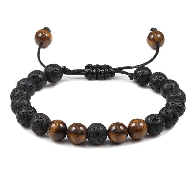 Bracelet perles œil de tigre et pierre de lave noire avec pendentif couronne pour hommes femmes - Bracelets tressés faits à la main et ajustables pour couples, perles diffuseur d'huiles essentielles avec pendentif couronne roi et reine