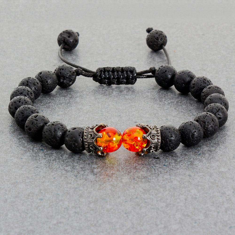 Bracelet perles œil de tigre et pierre de lave noire avec pendentif couronne pour hommes femmes - Bracelets tressés faits à la main et ajustables pour couples, perles diffuseur d'huiles essentielles avec pendentif couronne roi et reine
