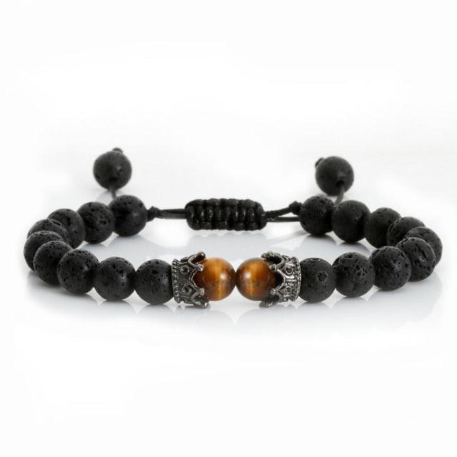 Bracelet perles œil de tigre et pierre de lave noire avec pendentif couronne pour hommes femmes - Bracelets tressés faits à la main et ajustables pour couples, perles diffuseur d'huiles essentielles avec pendentif couronne roi et reine