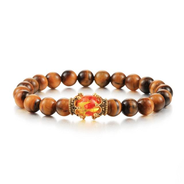 Bracelet perles œil de tigre et pierre de lave noire avec pendentif couronne pour hommes femmes - Bracelets tressés faits à la main et ajustables pour couples, perles diffuseur d'huiles essentielles avec pendentif couronne roi et reine