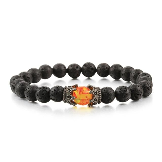 Bracelet perles œil de tigre et pierre de lave noire avec pendentif couronne pour hommes femmes - Bracelets tressés faits à la main et ajustables pour couples, perles diffuseur d'huiles essentielles avec pendentif couronne roi et reine