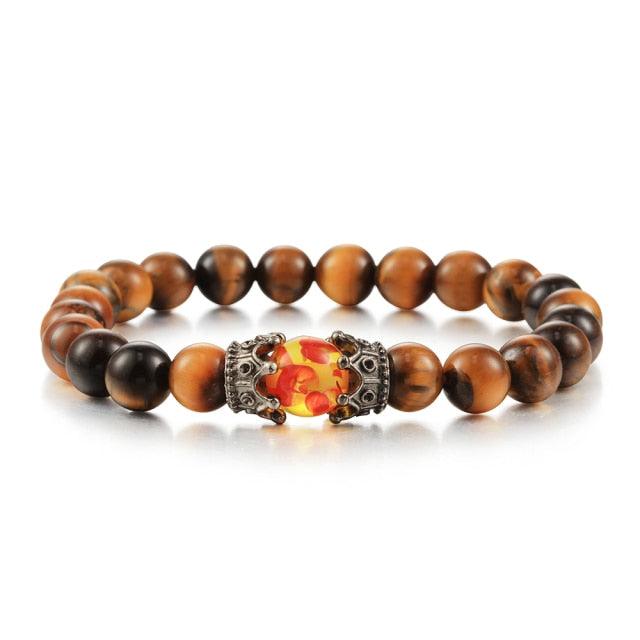 Bracelet perles œil de tigre et pierre de lave noire avec pendentif couronne pour hommes femmes - Bracelets tressés faits à la main et ajustables pour couples, perles diffuseur d'huiles essentielles avec pendentif couronne roi et reine