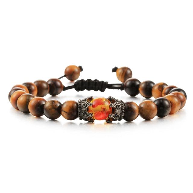 Bracelet perles œil de tigre et pierre de lave noire avec pendentif couronne pour hommes femmes - Bracelets tressés faits à la main et ajustables pour couples, perles diffuseur d'huiles essentielles avec pendentif couronne roi et reine