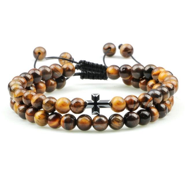 Bracelet perles œil de tigre et pierre de lave noire avec pendentif couronne pour hommes femmes - Bracelets tressés faits à la main et ajustables pour couples, perles diffuseur d'huiles essentielles avec pendentif couronne roi et reine