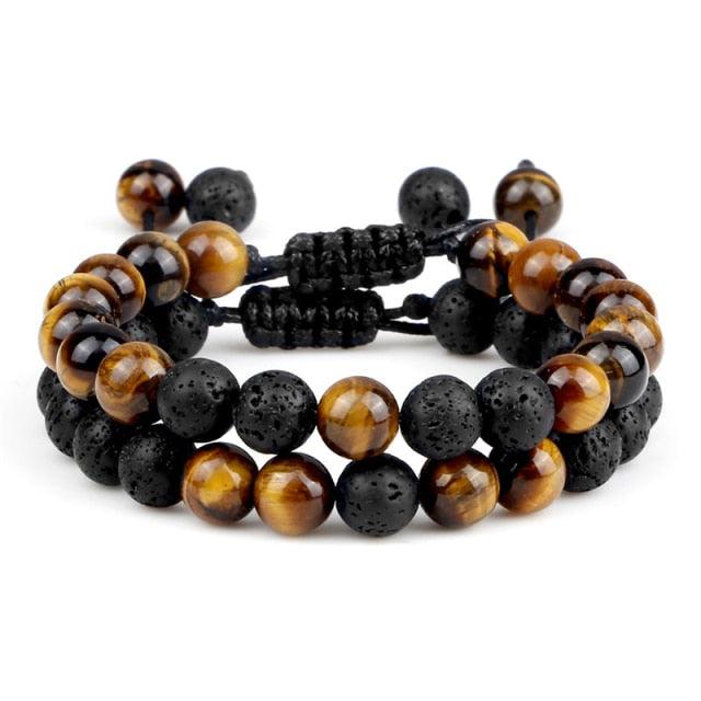Bracelet perles œil de tigre et pierre de lave noire avec pendentif couronne pour hommes femmes - Bracelets tressés faits à la main et ajustables pour couples, perles diffuseur d'huiles essentielles avec pendentif couronne roi et reine