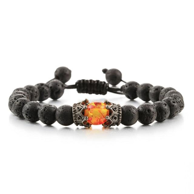 Bracelet perles œil de tigre et pierre de lave noire avec pendentif couronne pour hommes femmes - Bracelets tressés faits à la main et ajustables pour couples, perles diffuseur d'huiles essentielles avec pendentif couronne roi et reine