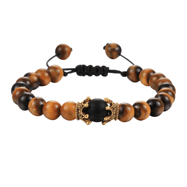 Bracelet perles œil de tigre et pierre de lave noire avec pendentif couronne pour hommes femmes - Bracelets tressés faits à la main et ajustables pour couples, perles diffuseur d'huiles essentielles avec pendentif couronne roi et reine