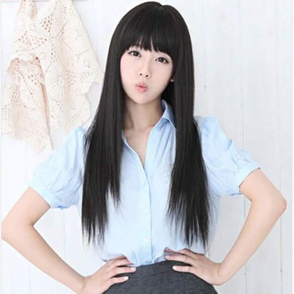 Perruque longue et lisse noire Cosplay