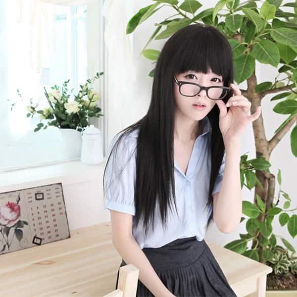 Perruque longue et lisse noire Cosplay