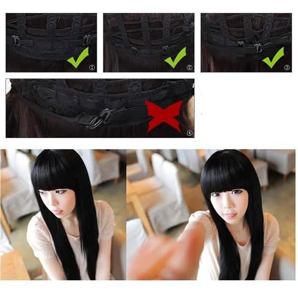 Perruque longue et lisse noire Cosplay