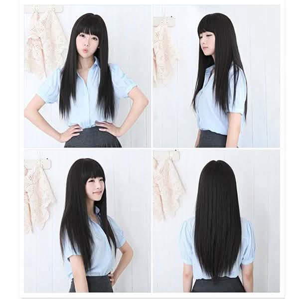 Perruque longue et lisse noire Cosplay