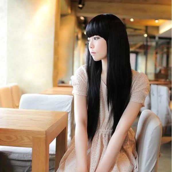 Perruque longue et lisse noire Cosplay