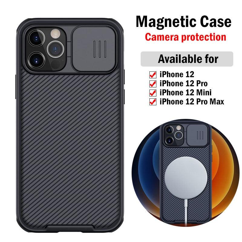 Coque magnétique noire pour iPhone 12/12 Pro/12 Pro Max, protection d'appareil photo, compatible avec la recharge sans fil, bords souples, protection intégrale pour iPhone