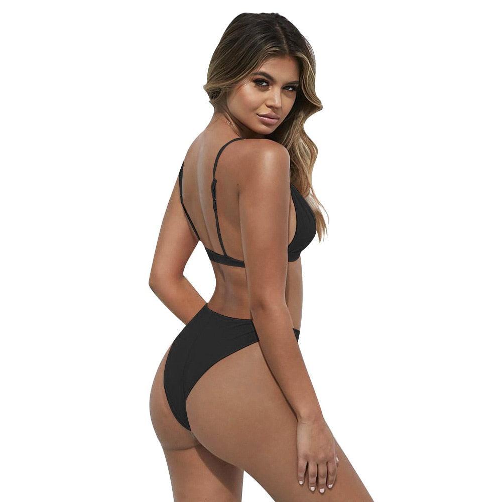 Ensemble de micro bikini noir pour femme, maillot de bain 2 pièces, push-up, soutien-gorge rembourré, tanga, tenue de plage, bas à nouer sur le côté, haut rembourré, bikini triangle, maillot de bain