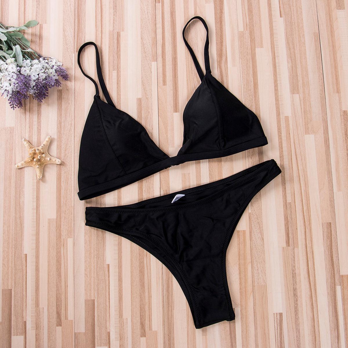 Ensemble de micro bikini noir pour femme, maillot de bain 2 pièces, push-up, soutien-gorge rembourré, tanga, tenue de plage, bas à nouer sur le côté, haut rembourré, bikini triangle, maillot de bain