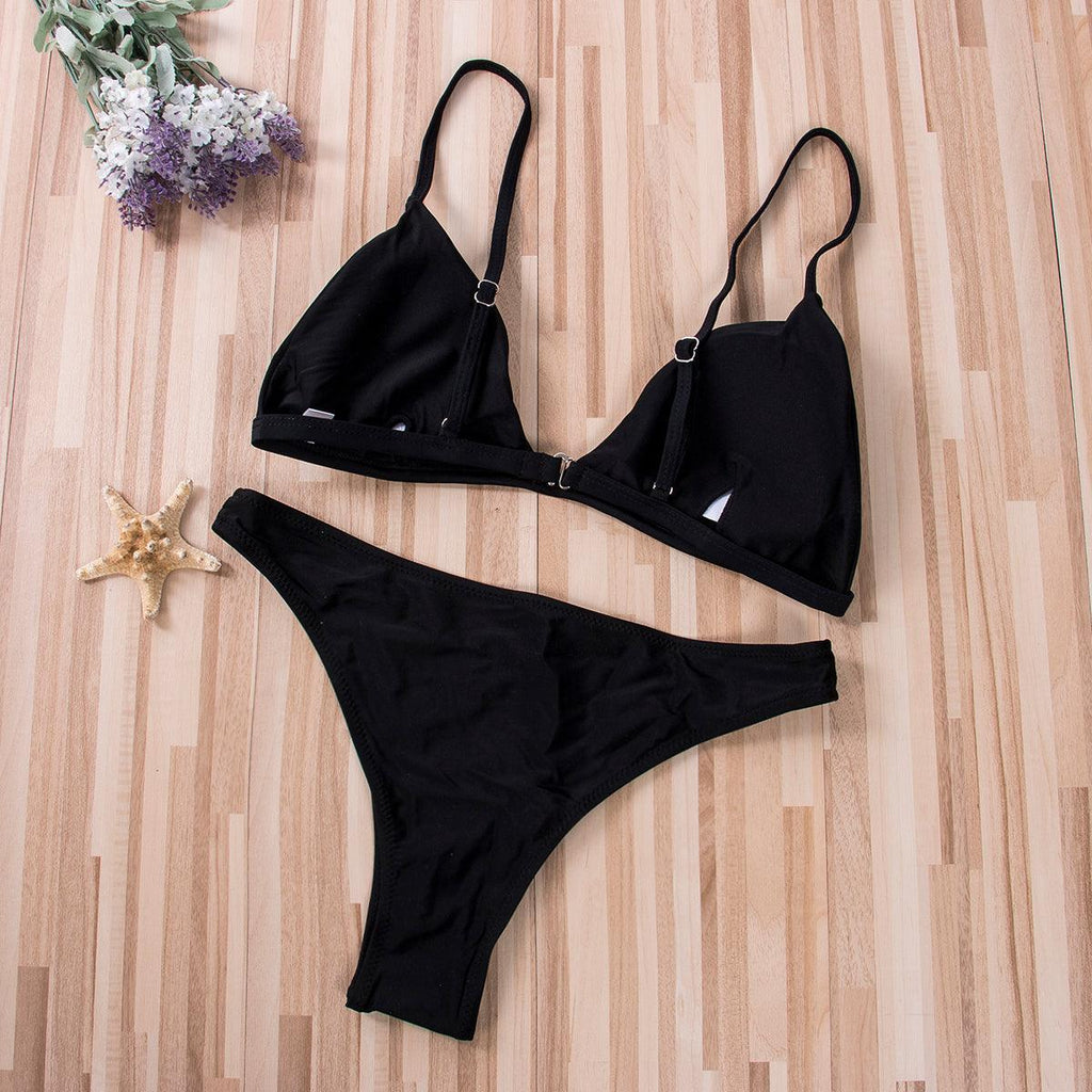 Ensemble de micro bikini noir pour femme, maillot de bain 2 pièces, push-up, soutien-gorge rembourré, tanga, tenue de plage, bas à nouer sur le côté, haut rembourré, bikini triangle, maillot de bain