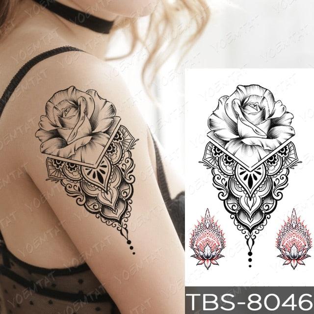 Autocollant de tatouage temporaire imperméable pour femmes et hommes, motifs noirs, fleurs, flash, loup, diamant, art corporel, faux tatouage pour bras et poitrine