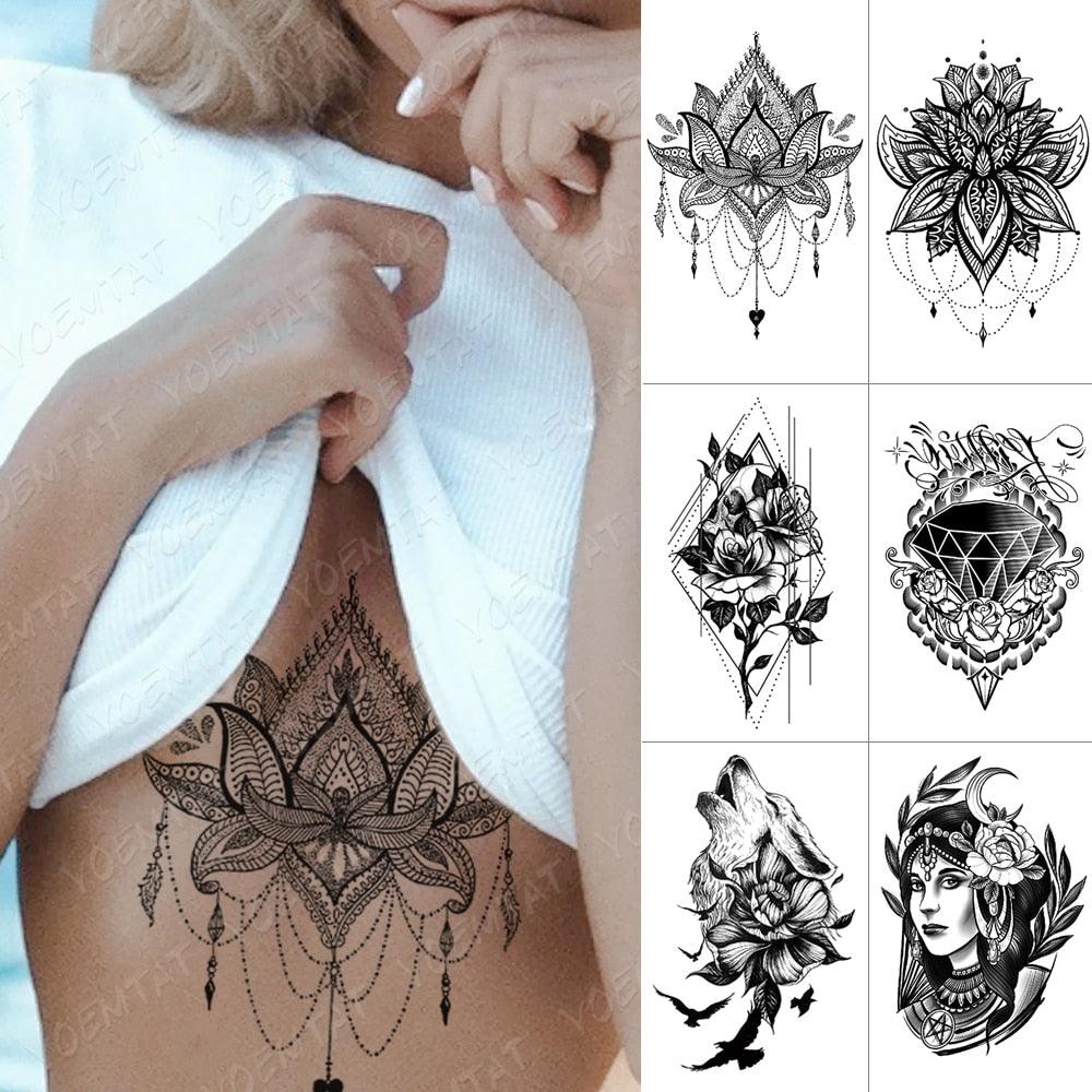 Autocollant de tatouage temporaire imperméable pour femmes et hommes, motifs noirs, fleurs, flash, loup, diamant, art corporel, faux tatouage pour bras et poitrine