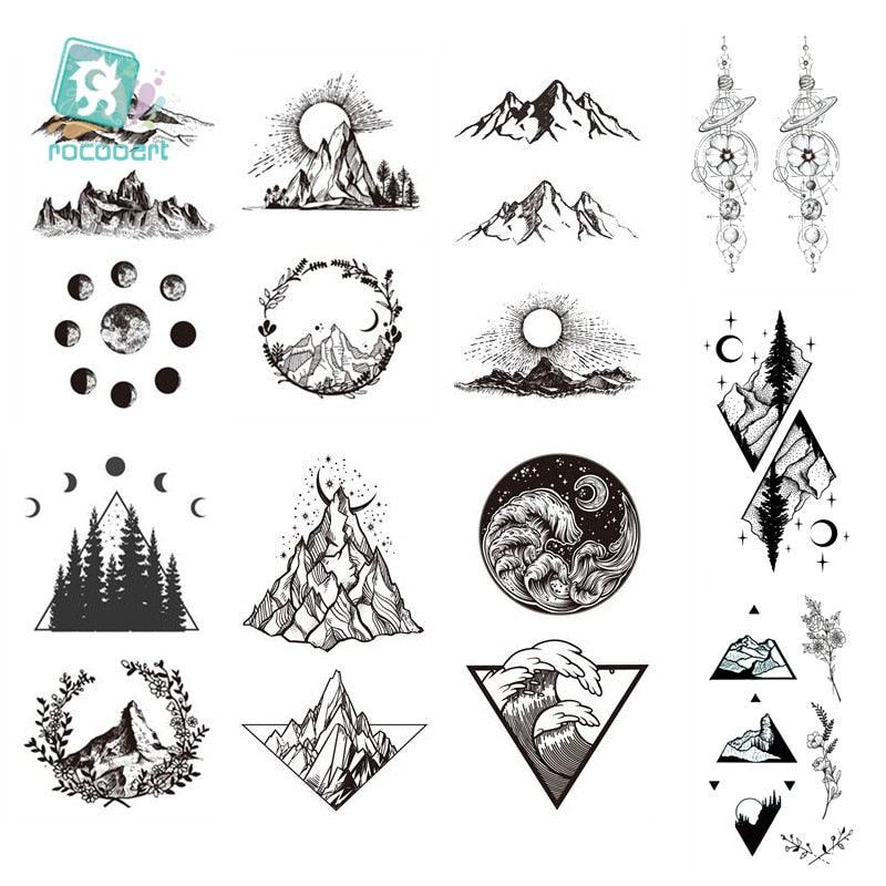 Autocollant de tatouage temporaire noir imperméable Montagnes Arbre Décoration corporelle Design élégant et stylé