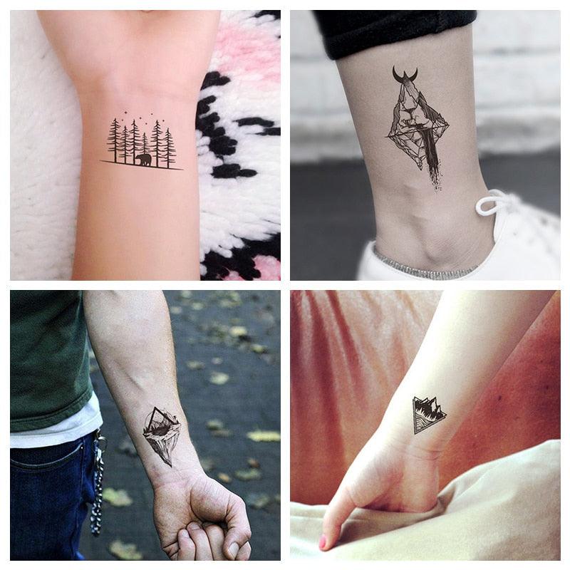 Autocollant de tatouage temporaire noir imperméable Montagnes Arbre Décoration corporelle Design élégant et stylé