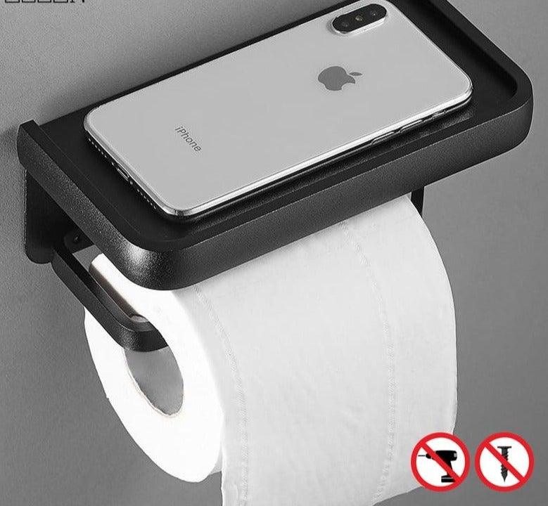 Distributeur de papier toilette noir mat multifonctionnel avec étagère de rangement pour salle de bain