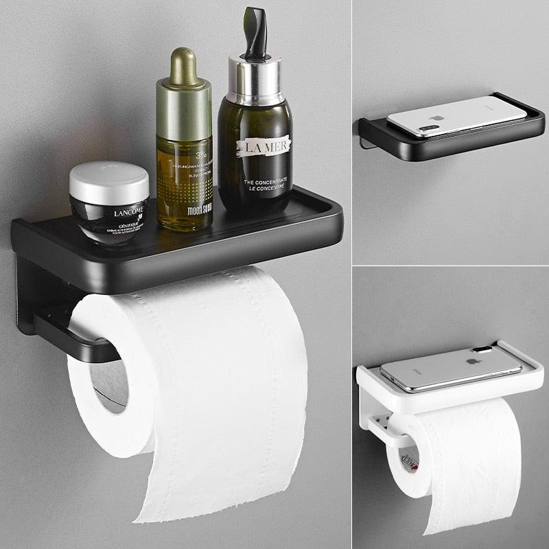 Distributeur de papier toilette noir mat multifonctionnel avec étagère de rangement pour salle de bain