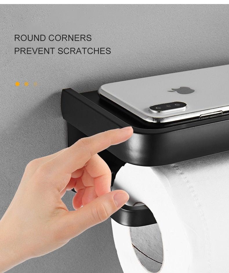 Distributeur de papier toilette noir mat multifonctionnel avec étagère de rangement pour salle de bain