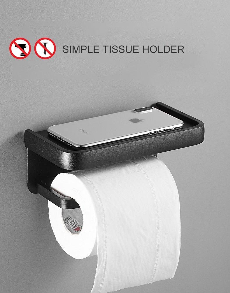 Distributeur de papier toilette noir mat multifonctionnel avec étagère de rangement pour salle de bain