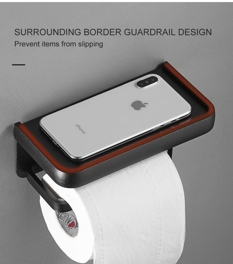 Distributeur de papier toilette noir mat multifonctionnel avec étagère de rangement pour salle de bain