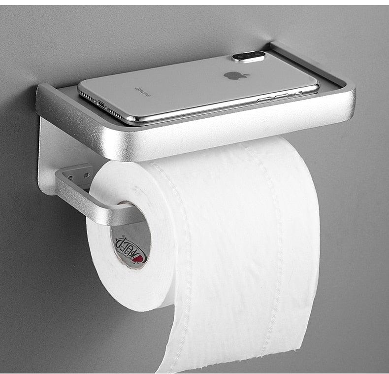 Distributeur de papier toilette noir mat multifonctionnel avec étagère de rangement pour salle de bain
