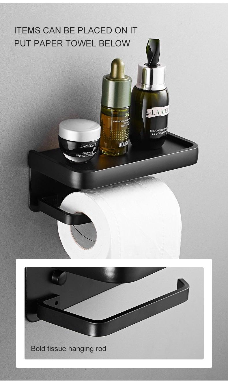 Distributeur de papier toilette noir mat multifonctionnel avec étagère de rangement pour salle de bain