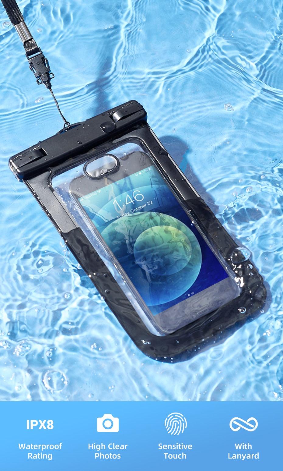 Sac étanche noir pour iPhone 14 13 12 Pro Max Pochette de natation pour téléphone portable universel Étui de protection universel étanche sous l'eau anti-poussière tactile pour iPhone