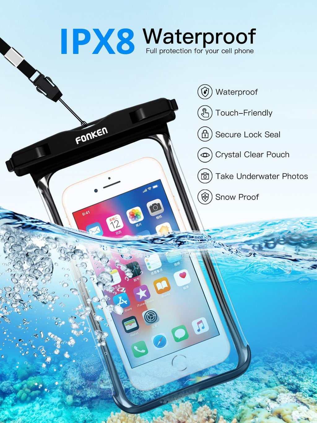 Étui étanche noir blanc pleine vue pour téléphone sous l'eau neige transparent pochette de natation grandes housses de téléphone portable étanches étui de téléphone portable étanche sous l'eau étui étanche pour iPhone