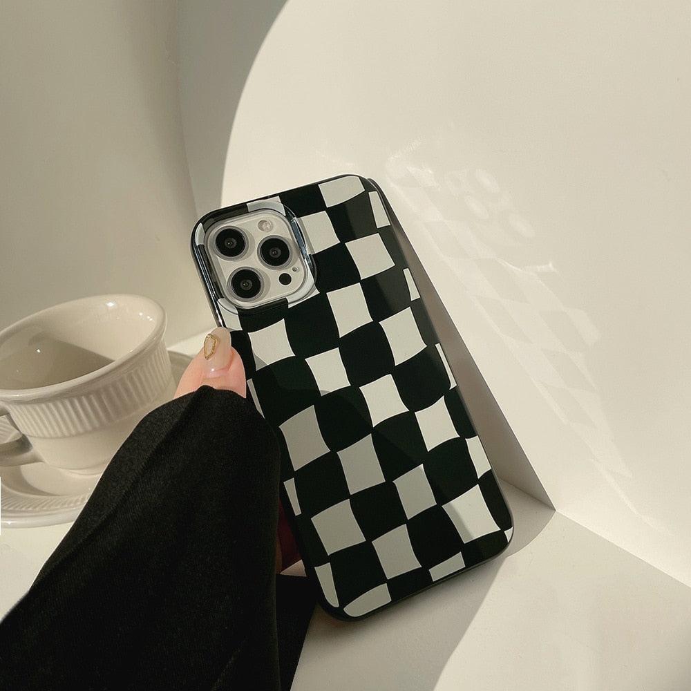 Coque de Téléphone Souple de Luxe à Damier Noir et Blanc pour iPhone 14 13 12 11 Pro Max Mini X XR 7 8 Plus XS Housse de Protection Antichoc Unisexe Coque de Téléphone Moderne Design Élégant