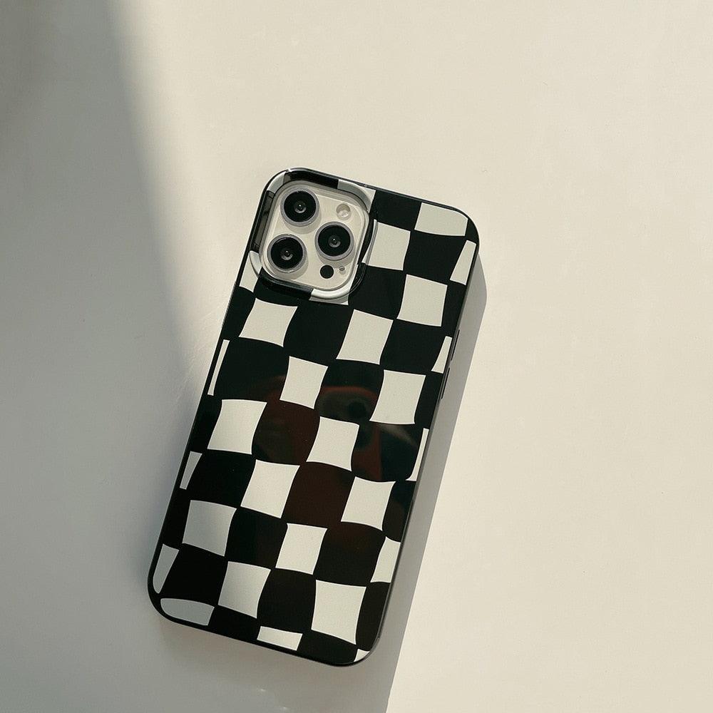 Coque de Téléphone Souple de Luxe à Damier Noir et Blanc pour iPhone 14 13 12 11 Pro Max Mini X XR 7 8 Plus XS Housse de Protection Antichoc Unisexe Coque de Téléphone Moderne Design Élégant
