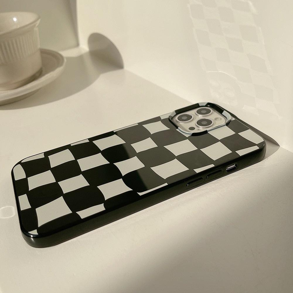 Coque de Téléphone Souple de Luxe à Damier Noir et Blanc pour iPhone 14 13 12 11 Pro Max Mini X XR 7 8 Plus XS Housse de Protection Antichoc Unisexe Coque de Téléphone Moderne Design Élégant