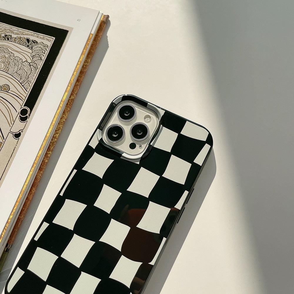Coque de Téléphone Souple de Luxe à Damier Noir et Blanc pour iPhone 14 13 12 11 Pro Max Mini X XR 7 8 Plus XS Housse de Protection Antichoc Unisexe Coque de Téléphone Moderne Design Élégant