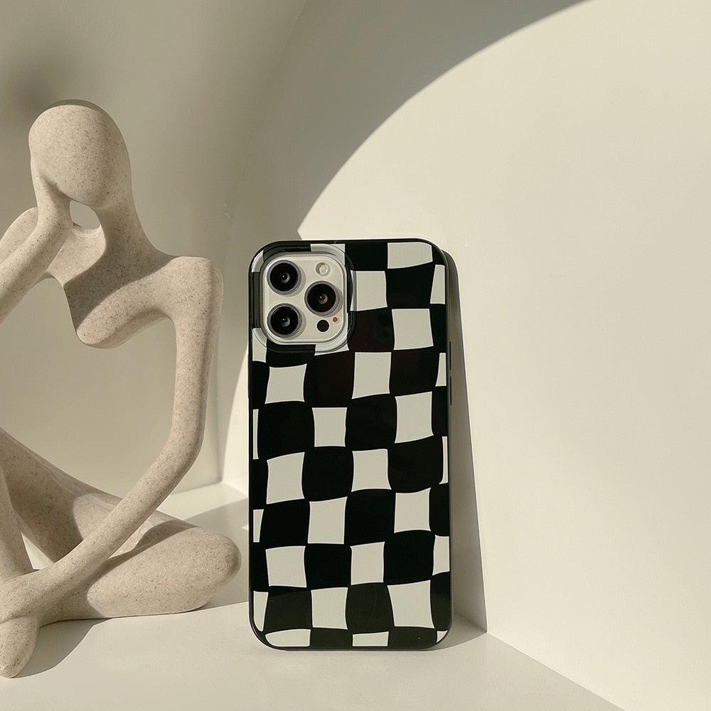 Coque de Téléphone Souple de Luxe à Damier Noir et Blanc pour iPhone 14 13 12 11 Pro Max Mini X XR 7 8 Plus XS Housse de Protection Antichoc Unisexe Coque de Téléphone Moderne Design Élégant