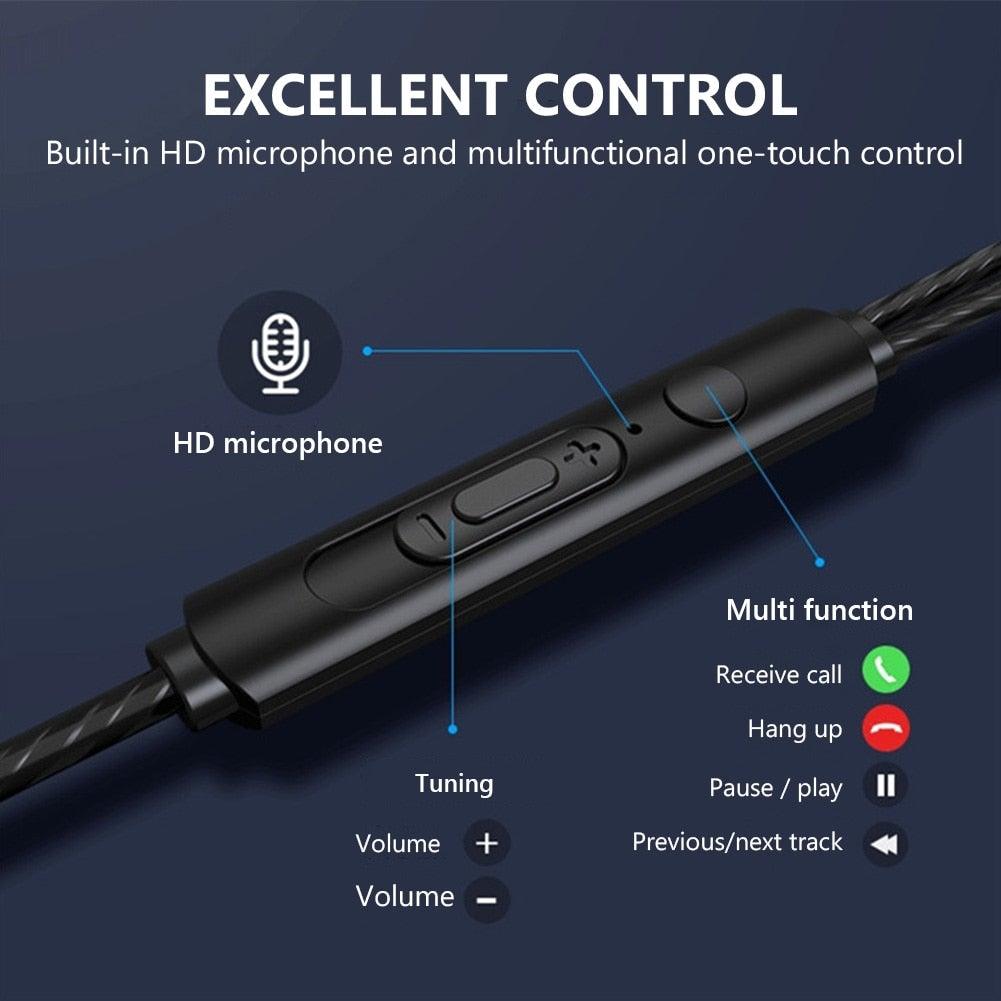 Écouteurs sport filaires noirs et blancs avec basse, pour téléphone portable, oreillettes stéréo avec micro, isolants du bruit, intra-auriculaires, avec contrôle du volume et prise jack 3,5 mm pour le sport et l'entraînement