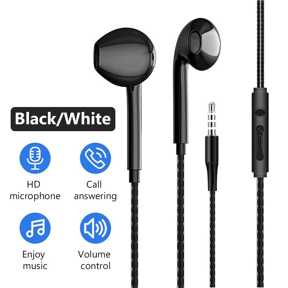 Écouteurs sport filaires noirs et blancs avec basse, pour téléphone portable, oreillettes stéréo avec micro, isolants du bruit, intra-auriculaires, avec contrôle du volume et prise jack 3,5 mm pour le sport et l'entraînement