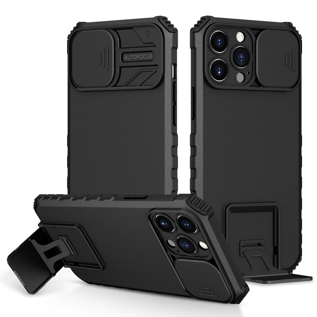 Étui antichoc bleu avec support réglable pour iPhone 14 13 12 11 Pro Max, avec protection coulissante pour appareil photo et béquille, protection antichoc, design moderne pour iPhone
