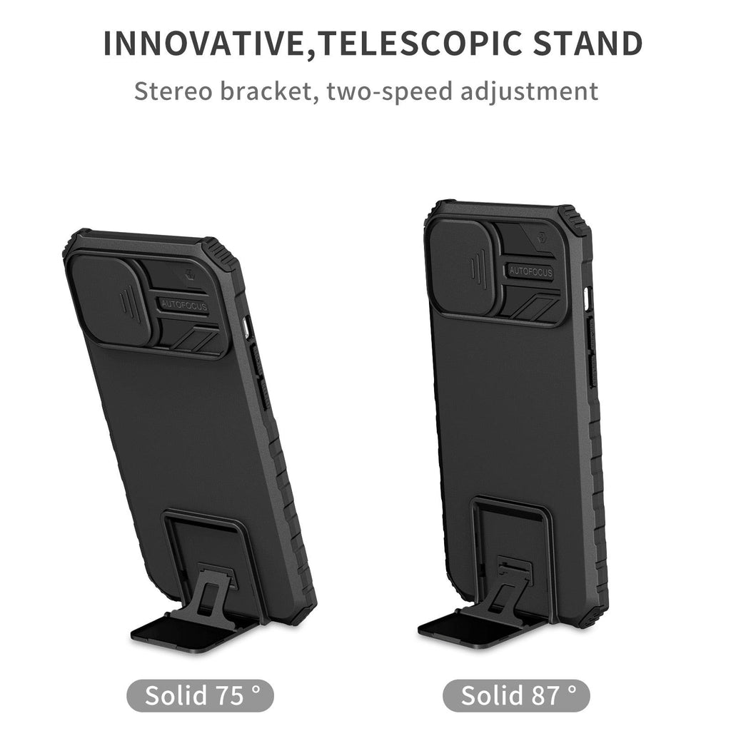 Étui antichoc bleu avec support réglable pour iPhone 14 13 12 11 Pro Max, avec protection coulissante pour appareil photo et béquille, protection antichoc, design moderne pour iPhone