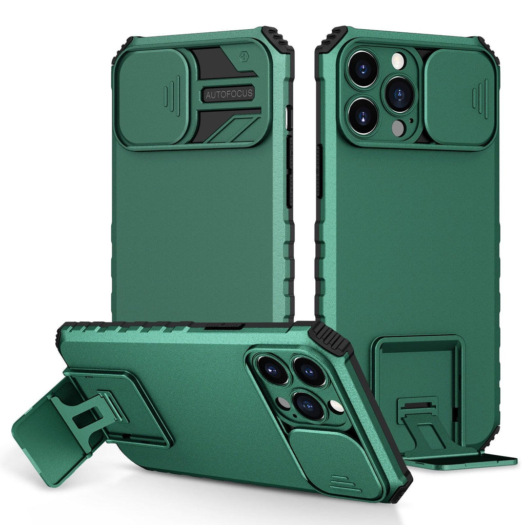 Étui antichoc bleu avec support réglable pour iPhone 14 13 12 11 Pro Max, avec protection coulissante pour appareil photo et béquille, protection antichoc, design moderne pour iPhone
