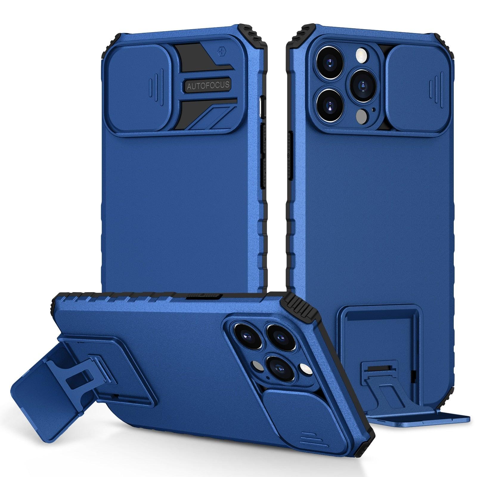 Étui antichoc bleu avec support réglable pour iPhone 14 13 12 11 Pro Max, avec protection coulissante pour appareil photo et béquille, protection antichoc, design moderne pour iPhone