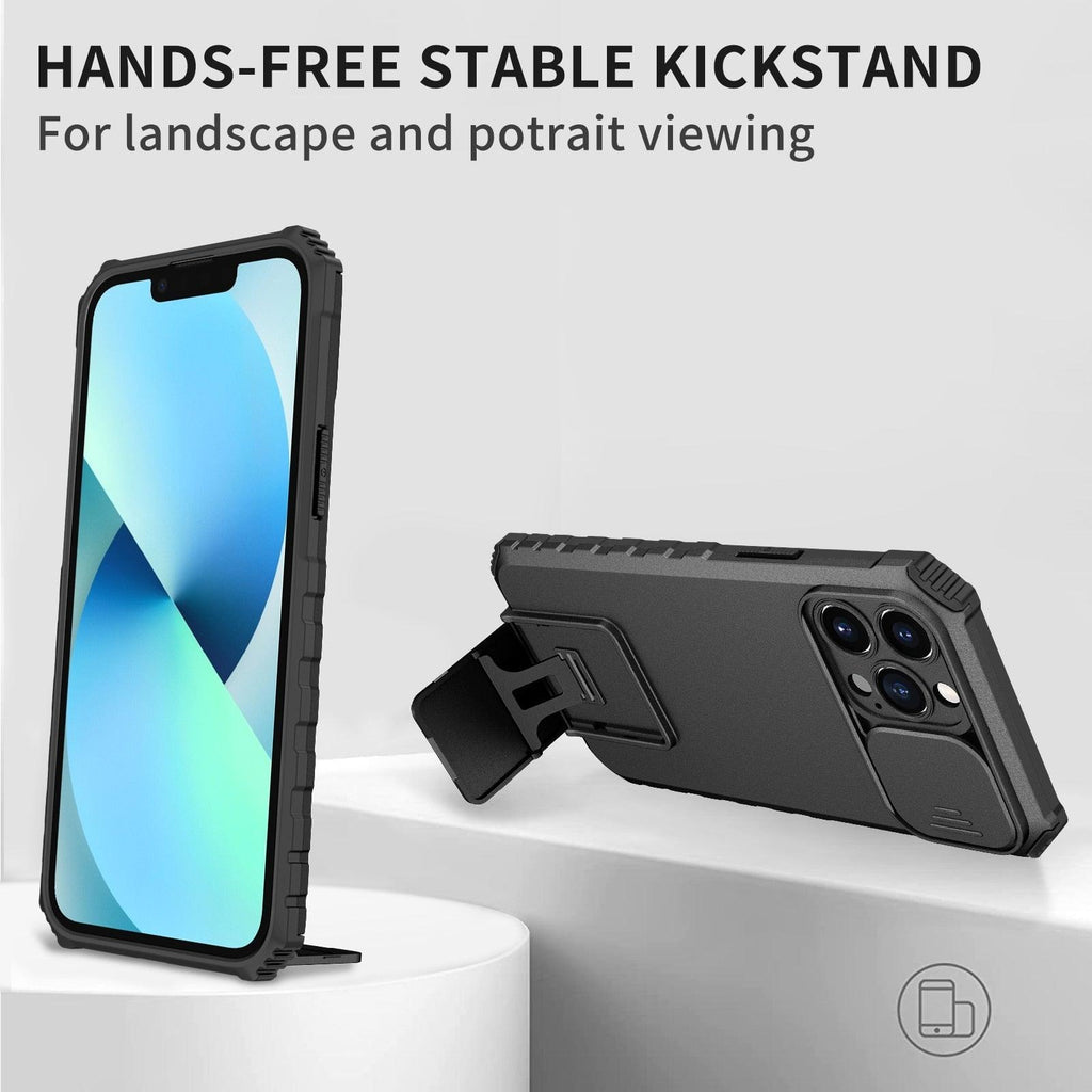 Étui antichoc bleu avec support réglable pour iPhone 14 13 12 11 Pro Max, avec protection coulissante pour appareil photo et béquille, protection antichoc, design moderne pour iPhone